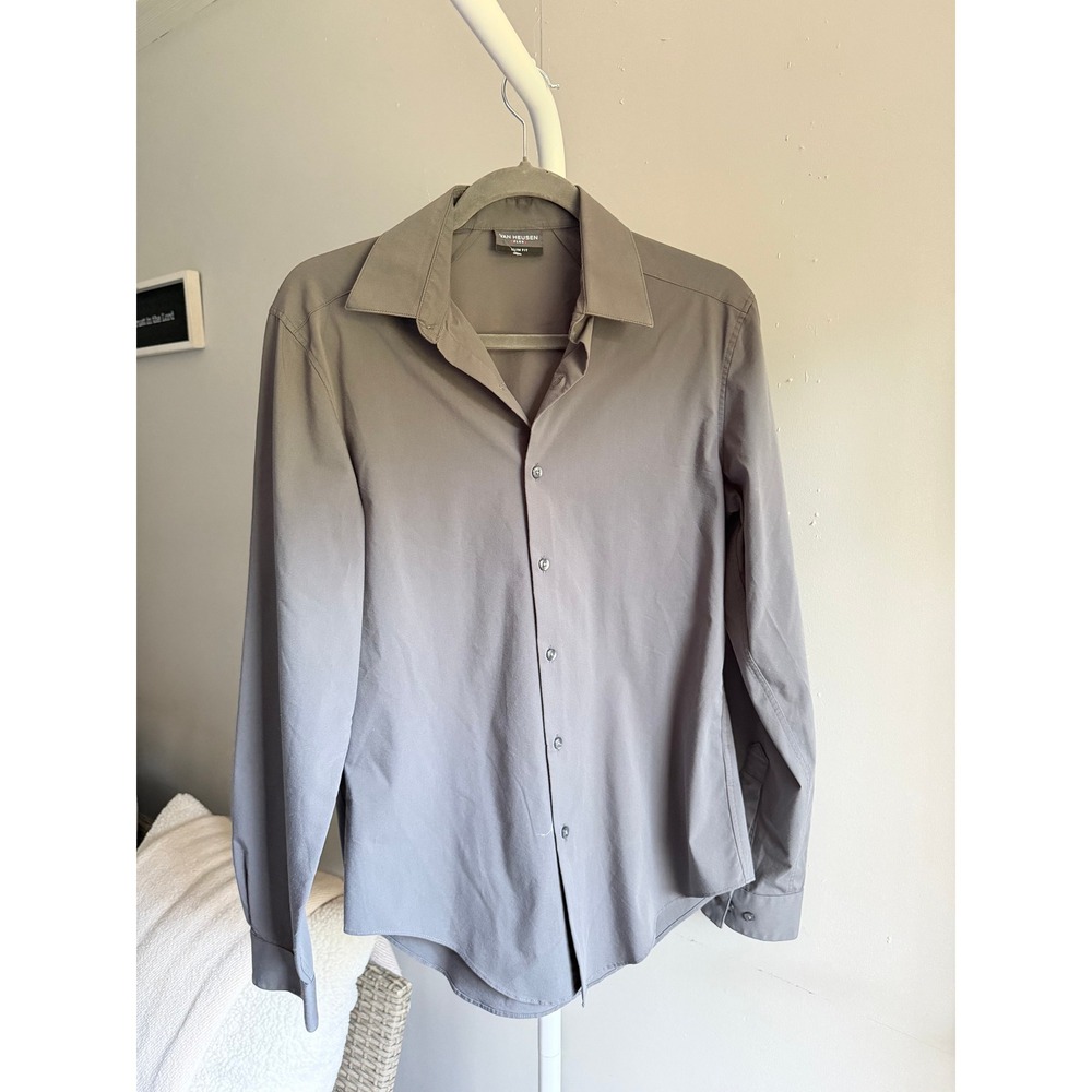 Van Heusen Button Down Shirt Mens S Grey Excellent Flex Slim Fit Long Sleeve
